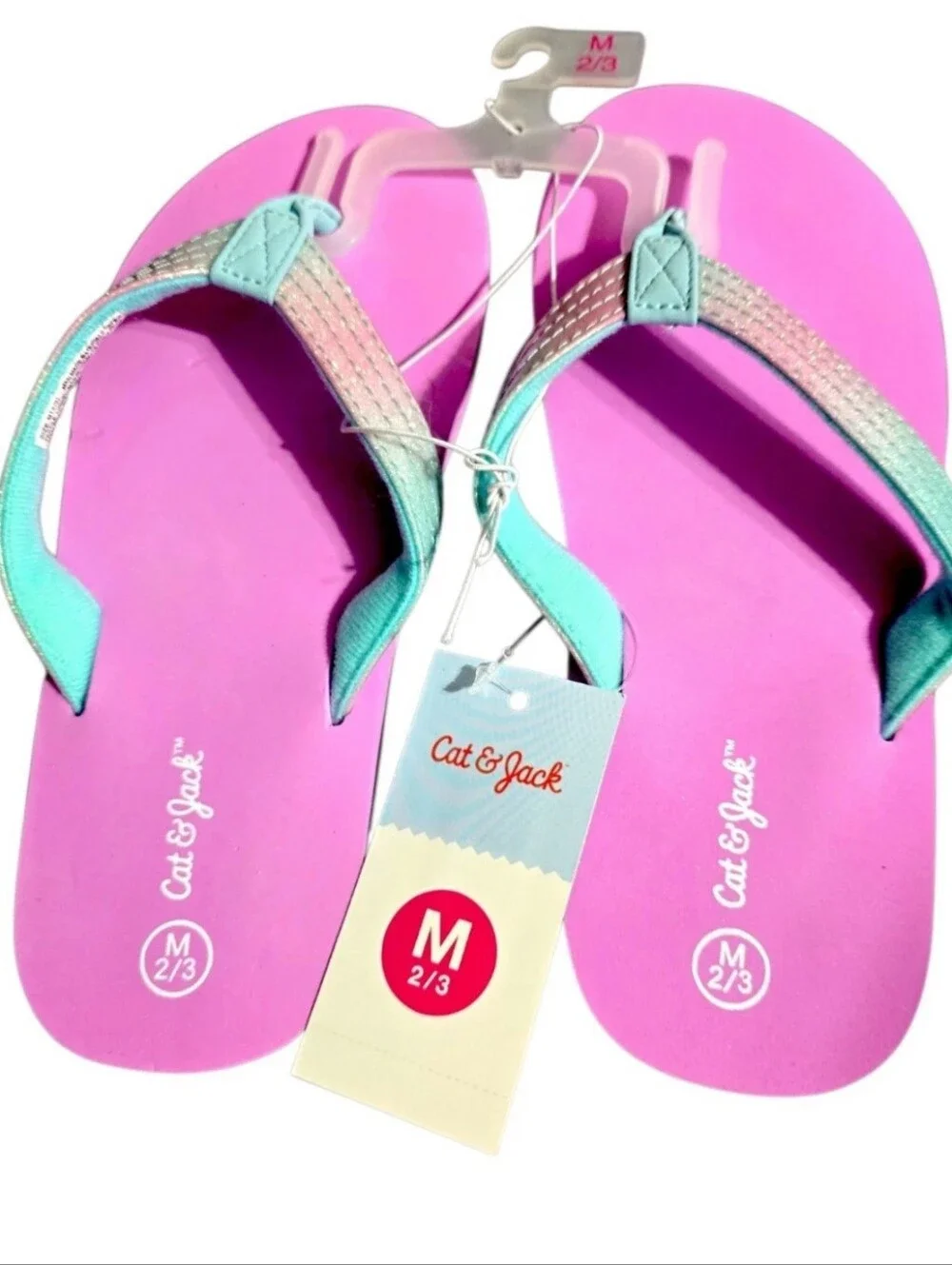 Cat & Jack Girls Flip Flops Pink Aqua Size M 2/3 NWT Sealed Bag